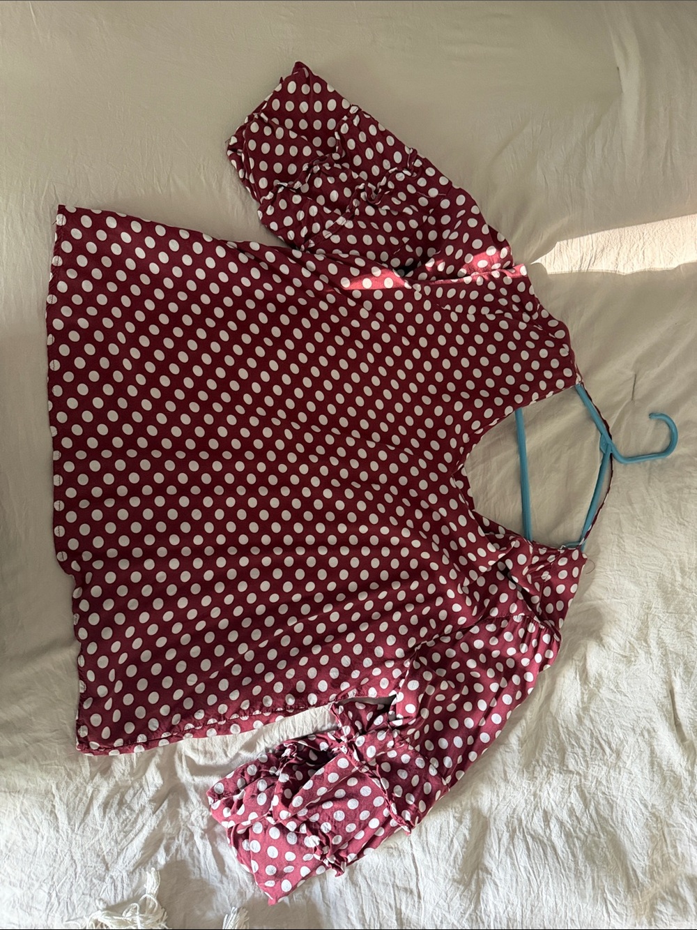 Women’s Polka Dot v neck Top - Burgundy with White Dots